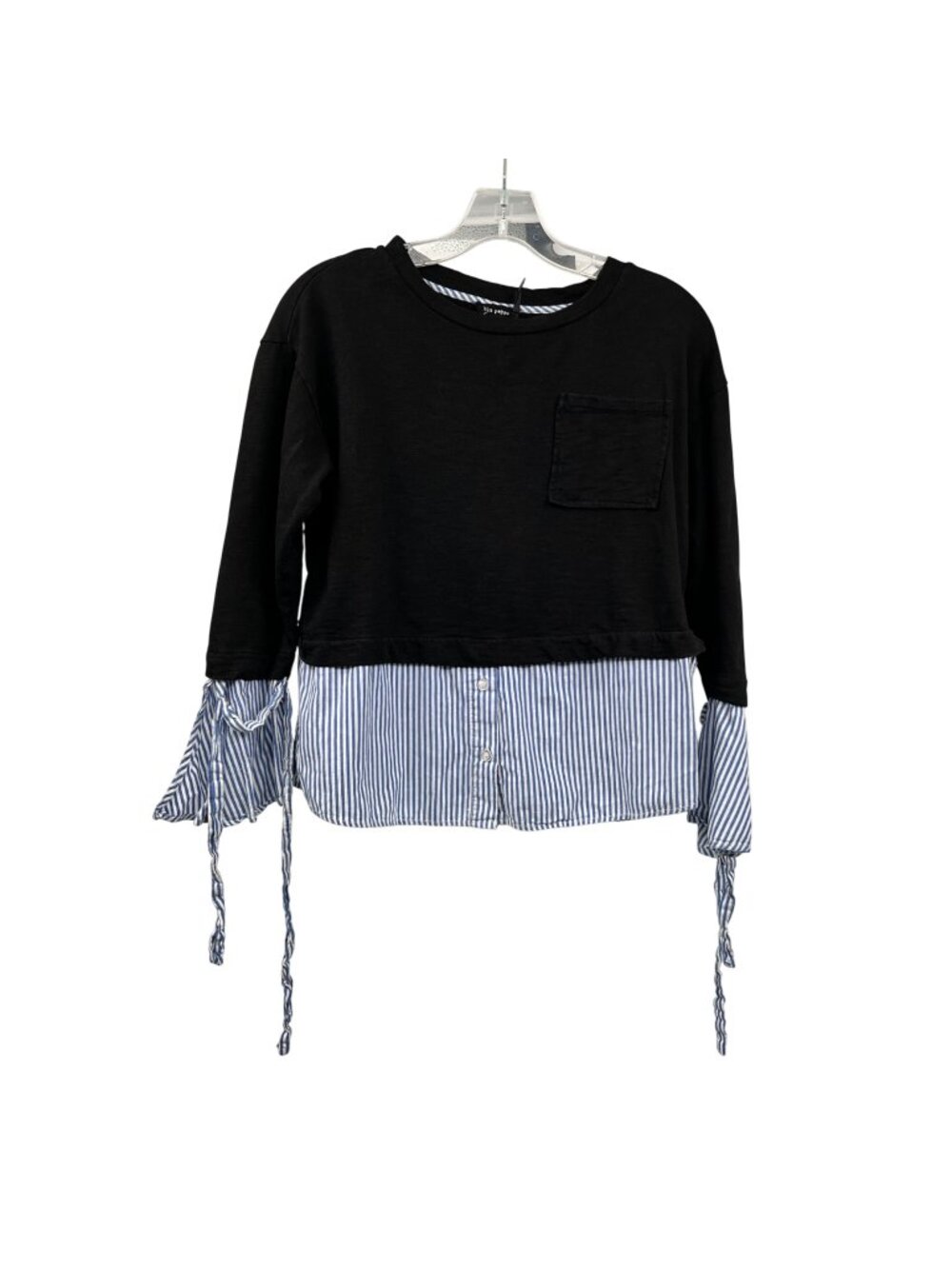Blu Pepper Womens Striped Pullover Top Mixed Media Long Sleeve Black/Multi S
